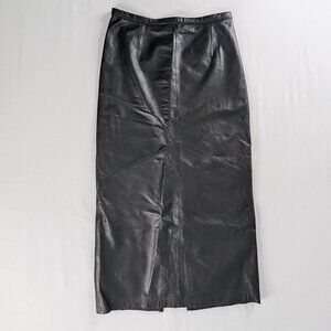 VTG Black Leather Rem Garson Leather Midi Skirt Back Slit 90s Y2k Whimsygoth